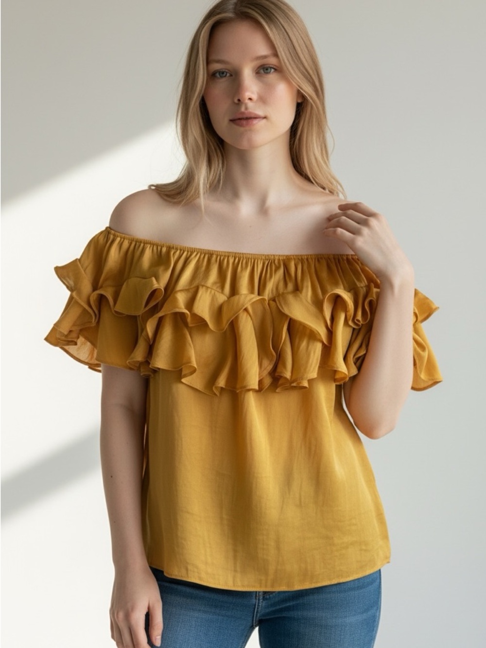 Halston Heritage Silk Ruffle Off-Shoulder Blouse Gold Mustard Romantic Top S